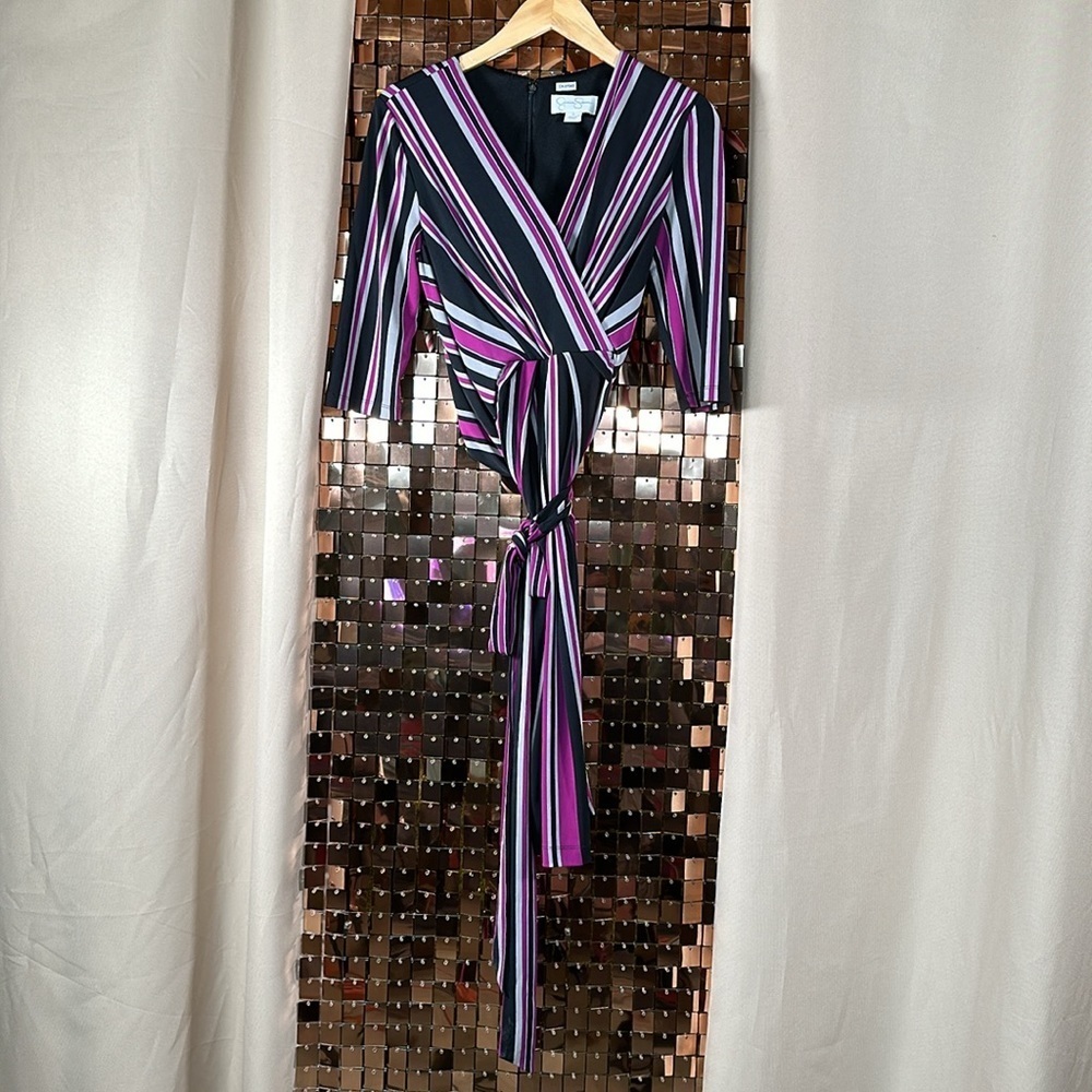 Jessica Simpson Black, Grey and Purple Stripe Wrap 3/4 Sleeve Dress Size S